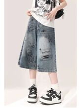 辣妹复古牛仔七分裤女夏季新款设计感涂鸦高腰宽松显瘦阔腿牛仔裤