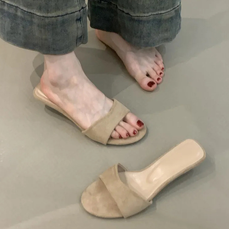 复古绒面小坡跟露趾一字拖鞋女外穿舒适软底一脚蹬凉拖鞋|undefined