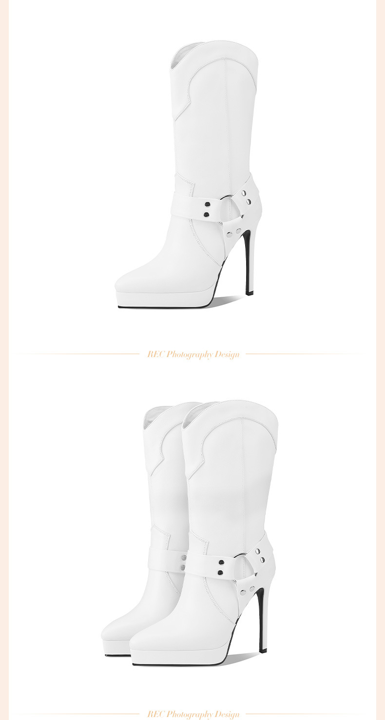 Boot nữ cổ cao ôm bắp chân mũi nhọn da thật, gót platform 10 cm, phong cách retro châu Âu — Lớp lót đơn màu trắng 10cm chi tiết 4