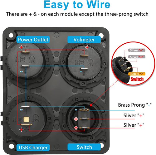 Car and yacht modified four-hole panel-mounted dual USB car charger cigarette lighter plus female base plus voltmeter switch new style
