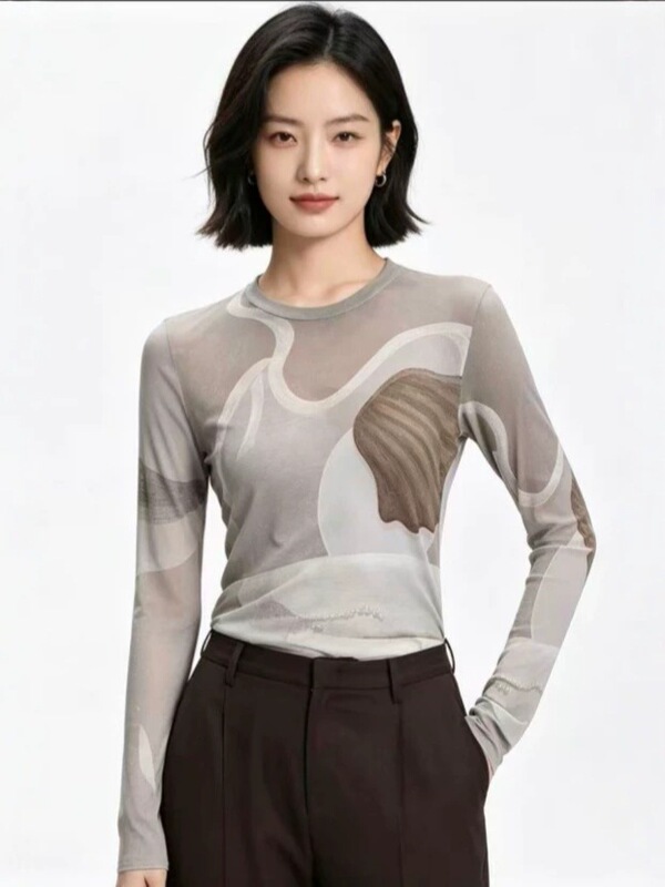 Jiangnan** Mall Same Style 2026 Early Autumn New Slim-Fit Lightweight Round-Neck Mesh T-Shirt Printed Skin-Tight Top Jiangnan** Mall Same Style 2026 Early Autumn New Slim-Fit Lightweight Round-Neck Mesh T-Shirt Printed Skin-Tight Top