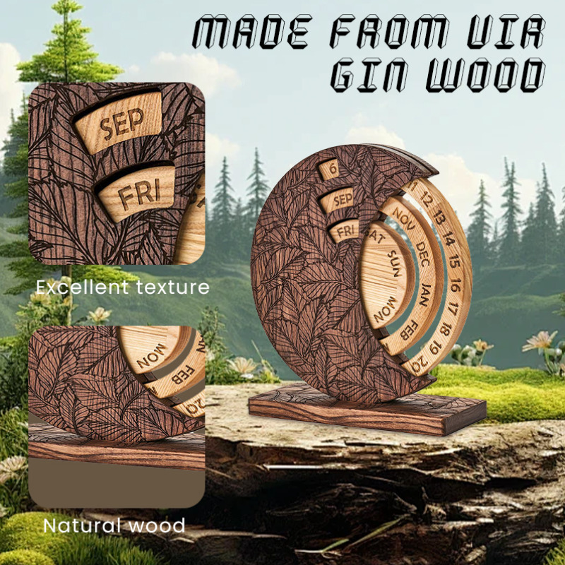 Calendario de escritorio perpetuo de madera. Adorno decorativo para el hogar._voghion.com
