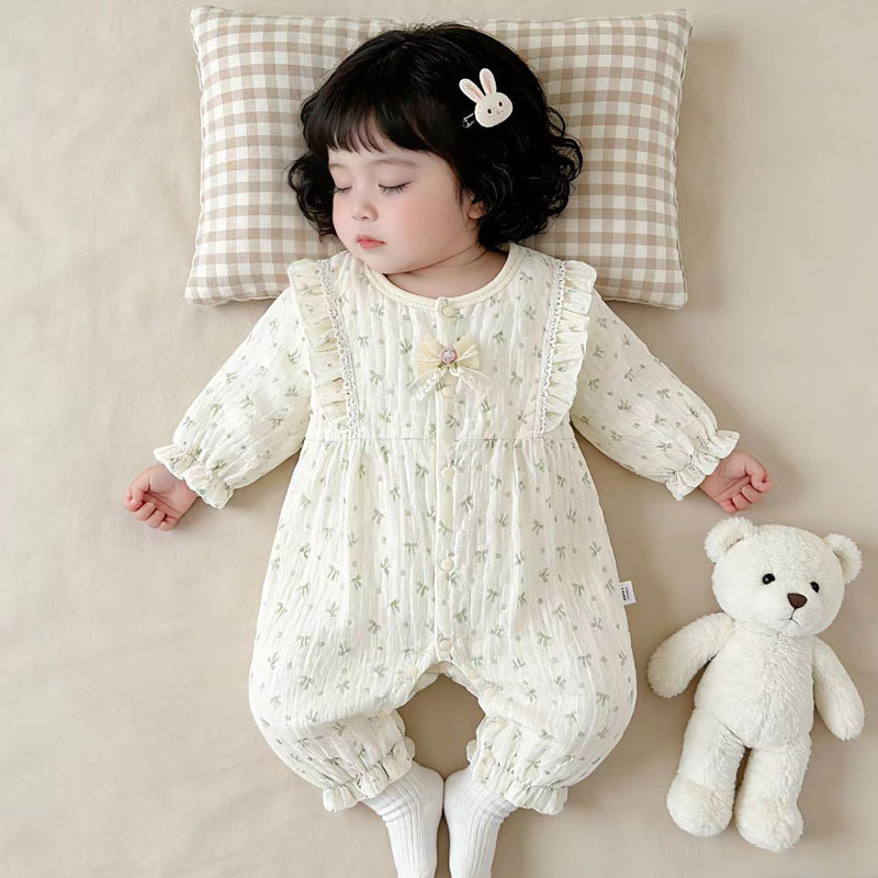 【Double Layer】Baby Romper Spring and Autumn Outing Outfit for Girls, Newborn Fashionable 100-Day Celebration Outfit for One-Year-Olds