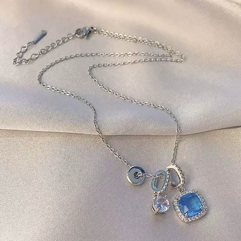 Морской синий квадратный сахар циркон ожерелье женский модный темперамент