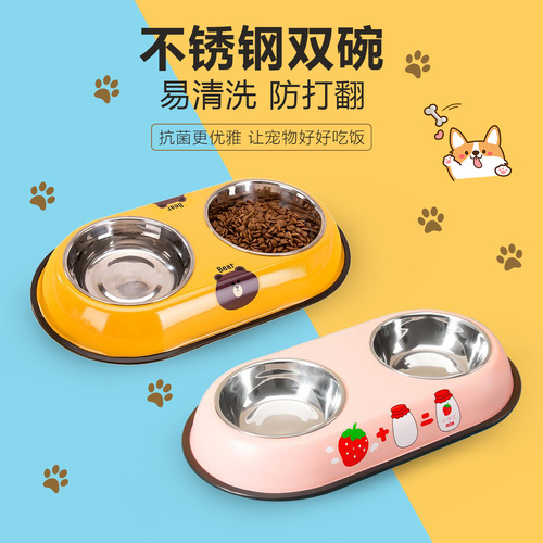 Stainless steel dog rice bowl, cat bowl and dog bowl, double bowl, anti-knock pet bowl, dog bowl, cartoon cat food bowl, drinking bowl