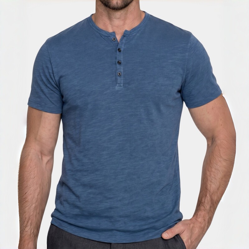 European and American Style Short-Sleeve T-Shirt for Men, High-End Regular Shoulder Slim-Fit Henley Shirt, Summer Casual Workwear Top, Cross-Border Foreign Trade Men's Clothing