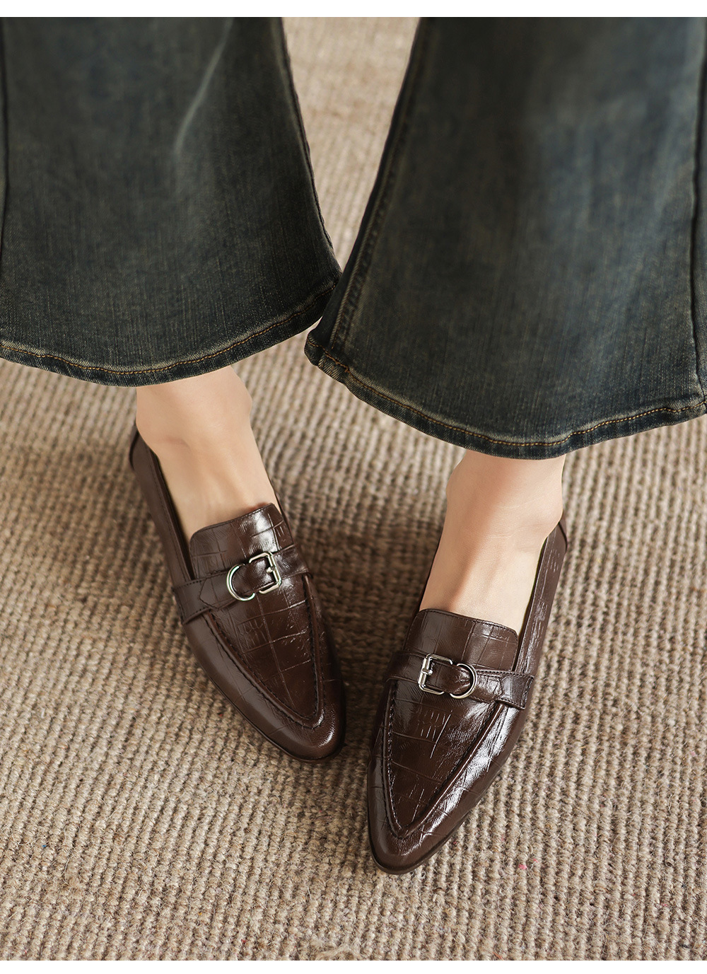 Giày loafer nữ phong cách Anh quốc, mũi sâu, gót thấp vuông, da bò — màu nâu chi tiết 17