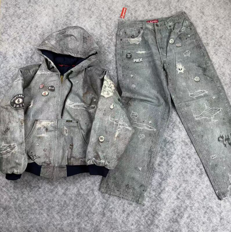 American-style trendy loose-fit jacket, unisex, with a twill logo and snap-button closure, long-sleeved outerwear