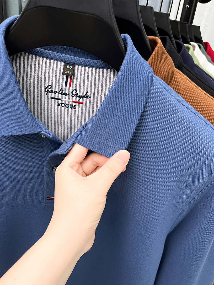 Áo polo nam dài tay cổ bẻ 100% cotton đánh bóng, form regular — nâu vàng chi tiết 4