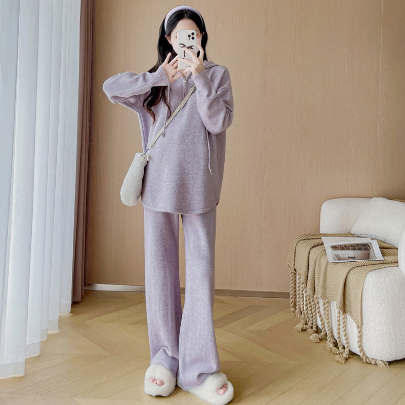 孕妇秋冬新款时尚连帽针织上衣＋阔腿休闲裤子宽松显瘦慵懒风套装|undefined