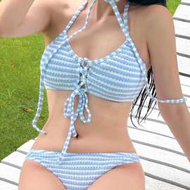 泳衣女款四件套欧美蓝色条纹比基尼性感欲辣妹度假海边温泉泳衣女