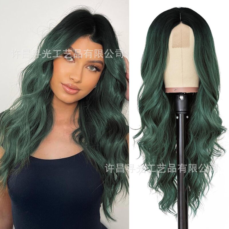 Temu Xiyin Gradient Green Wig Headgear 4*1 Forehead Lace Headgear Wigs Slightly Curly Green Hair Wig Customization