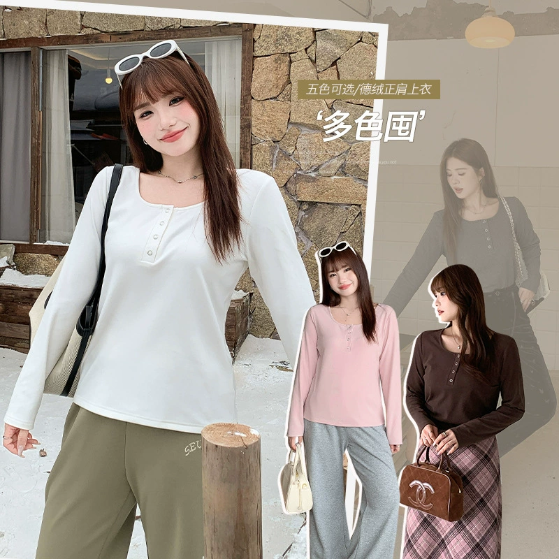 Многоцветный мягкий двусторонний термо-топ крупной вязки с широким U-образным вырезом для женщин, весенний сезон, базовая трикотажная рубашка больших размеров для полных женщин 63567