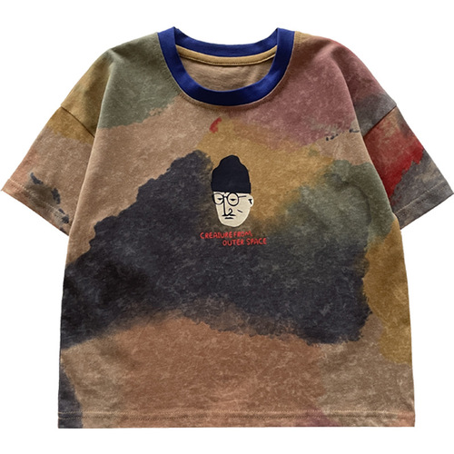 Nausicaa of the Valley of the Wind 2024 new summer children's clothing children's tie-dye style printed T-shirt boys handsome ink style short-sleeved thin