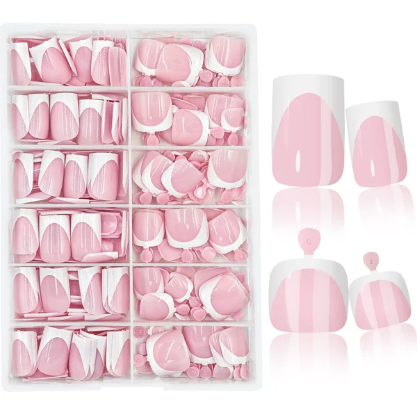 Cross-Border Hot-Selling 312-Piece White French-Style Wearable Nails, Nude Color Manicure Finished Nail Patches, Fake Nail Set Wholesale