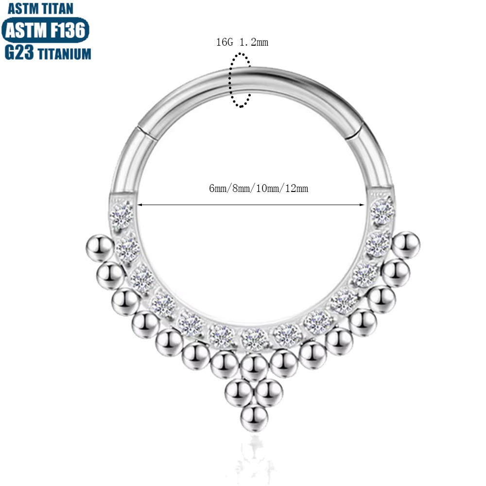 F136 Titanium Alloy Seamless Hinged Nose Ring Bead Cluster CZ Septum Earring - 1.2*12mm Black detail image 7