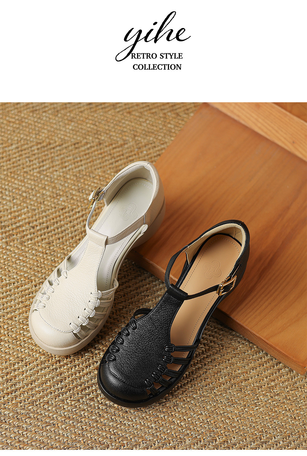 Sandal nữ da cừu mũi bao đế dày quai ngang một chữ kiểu La Mã — đen chi tiết 17