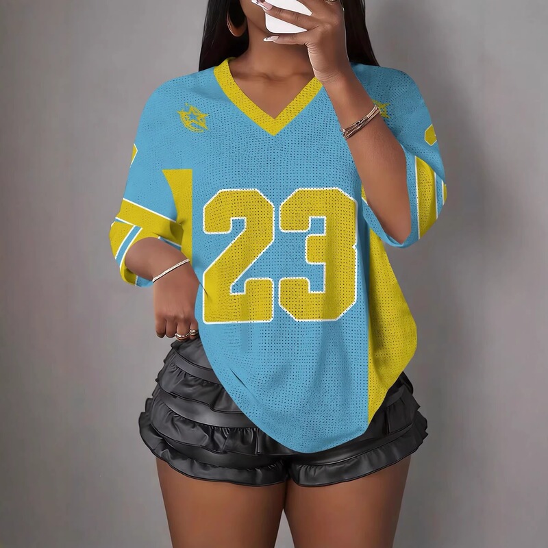 American Retro Color-Blocked Mesh V-Neck Jersey-Style Women's Loose Short-Sleeve T-Shirt Plus-Size Hot Girl Top