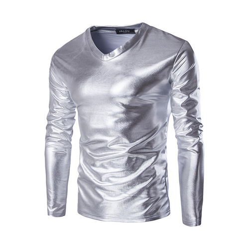 Wish-style fashion V-neck glossy long-sleeved T-shirt, colorful fashion bottoming shirt, 5XL