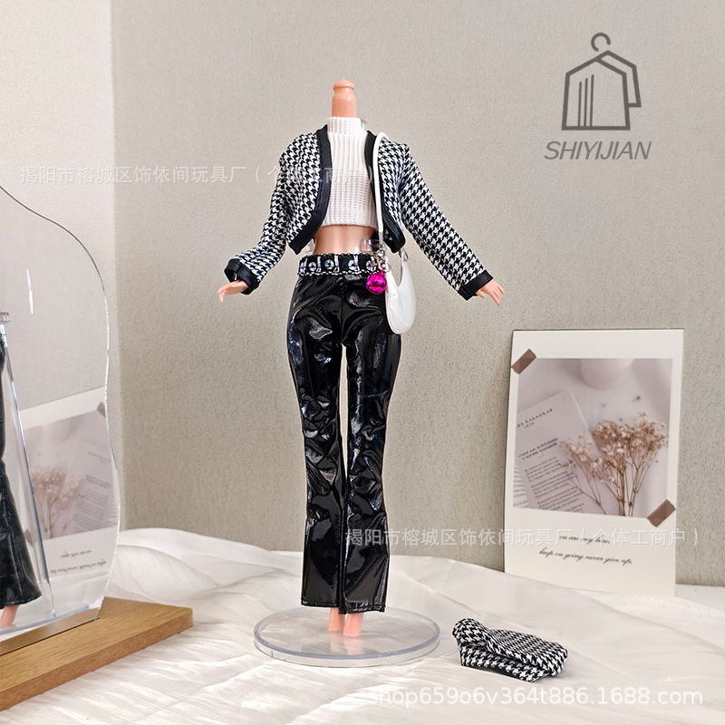 11-Inch 30cm Barbie Doll Fashion Winter Houndstooth High-Aged Sweater Leather Pants Suit Princess Doll Clothing Accessories