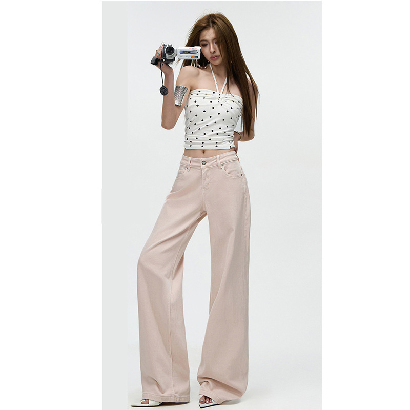 Blush pink fashionable youthful straight-leg jeans for women, 2026 autumn new style, simple stretchy slimming floor-length pants Blush pink fashionable youthful straight-leg jeans for women, 2026 autumn new style, simple stretchy slimming floor-length pants