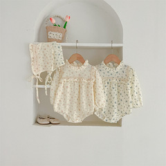 INS春季嬰兒衣服甜美女寶花邊哈衣爬服長袖公主碎花可愛包屁衣裙