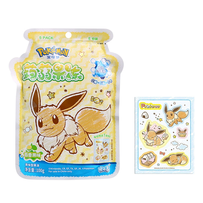 Снэк-пак Pokémon 100 г — стили Pikachu, Jigglypuff, Eevee; наклейки и фруктовая резинка для волос