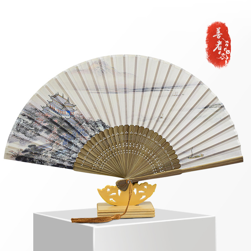 Ventilador plegable transfronterizo pequeño ventilador de paisaje de texto fresco hombres y mujeres ventilador de pareja pequeño ventilador plegable de 6 pulgadas ventilador de hombre pequeño al por mayor