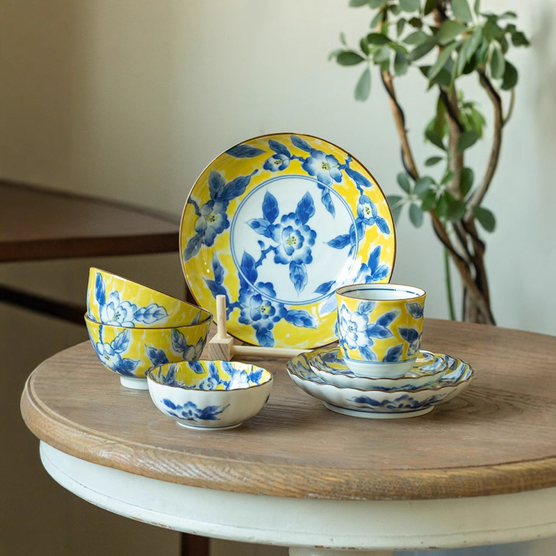 Japanese Imported Underglaze Color Yellow Color Pattern Household Ceramic Tableware Rice Bowl Dip Dish Dish Fruit Plate Noodle Soup Bowl