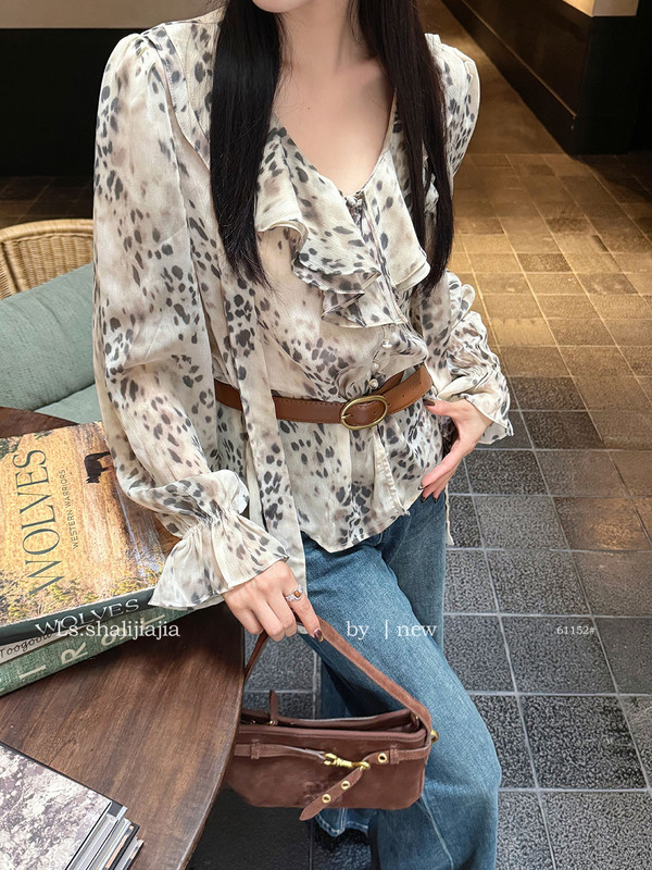 LS述致 2025秋新款千金设计感飘带豹纹衬衫气质百搭上衣女 61152#|undefined