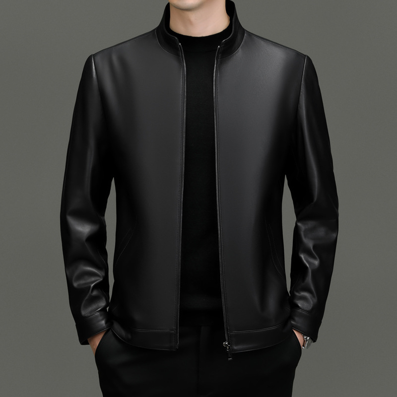 Men's Genuine Leather Sheepskin Business Casual Stand Collar Leather Jacket Youth Simple Leather Jacket Top