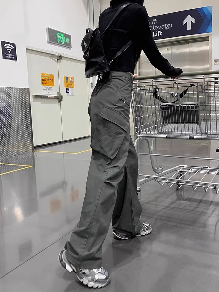 American gray work pants for women 2023 Spring and Autumn New High Waist Slim Loose Wide Legs Straight-Legged Casual Sports Pants