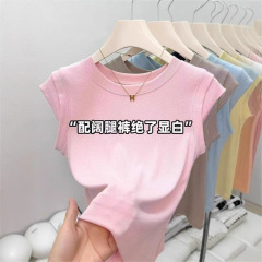 正肩夏季2025新款圆领无袖短袖T恤设计感小众修身飞飞袖短款上衣