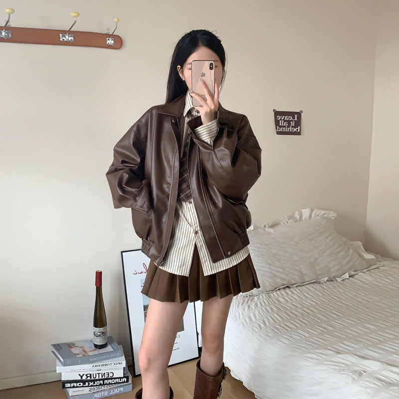 安可拉红皮衣短外套女学生春秋新款美式复古棒球服皮夹克上衣|undefined