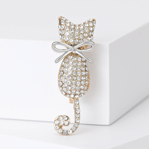 Korean style fashionable exquisite bow rhinestone cat brooch creative cute animal pin versatile clothing accessories