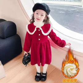 时髦洋气女孩加绒保暖连衣裙2024新年红色拜年服娃娃领女童公主裙