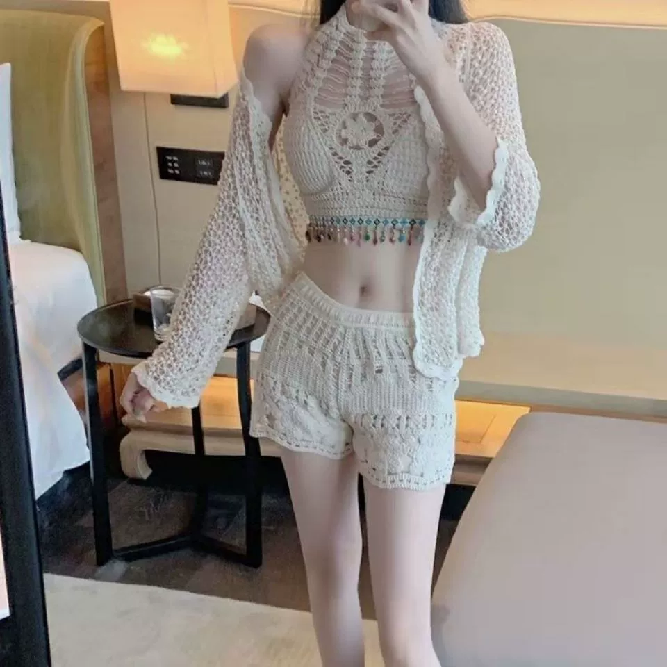 Set, cardigan, swimwear, shorts, 3 piece set, lifting effect, western style