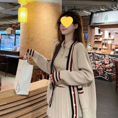单件/套装复古撞色针织开衫毛衣女长袖外套秋季字百褶半身裙子