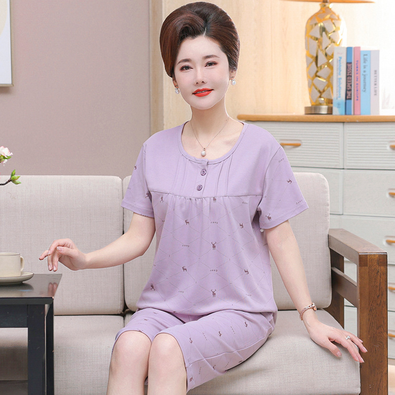 Daifa Middle-aged and Elderly Women's Summer Short-sleeved Cropped Pants Pajamas Thin Round Neck Mother's Summer Plus Size suit