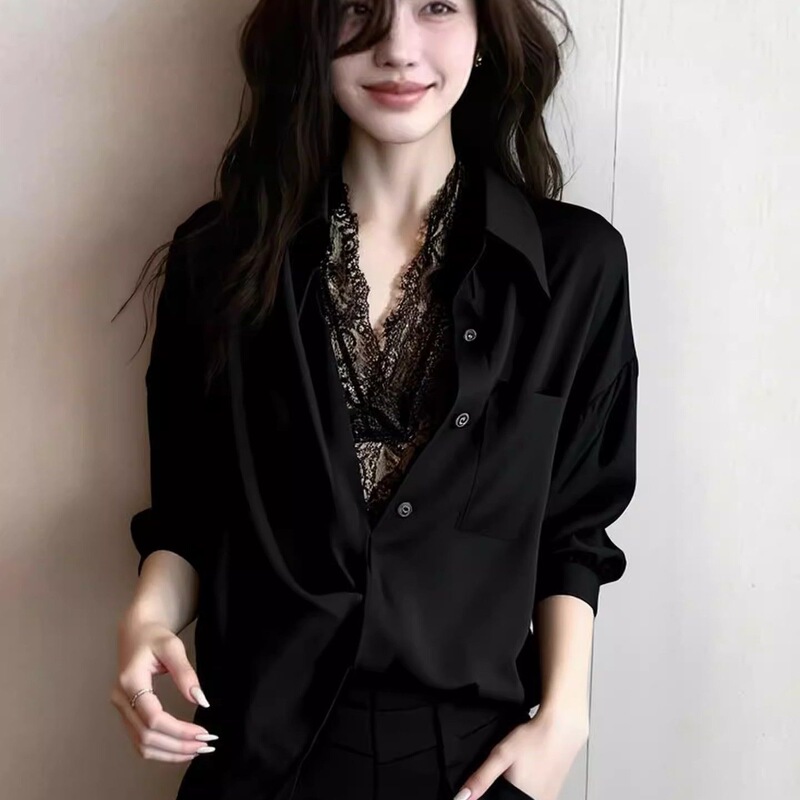 Simon Lainer Minimalist Style Black Long-Sleeve Women's Shirt 2026 Spring New Lace Patchwork Versatile Niche Design Simon Lainer Minimalist Style Black Long-Sleeve Women's Shirt 2026 Spring New Lace Patchwork Versatile Niche Design