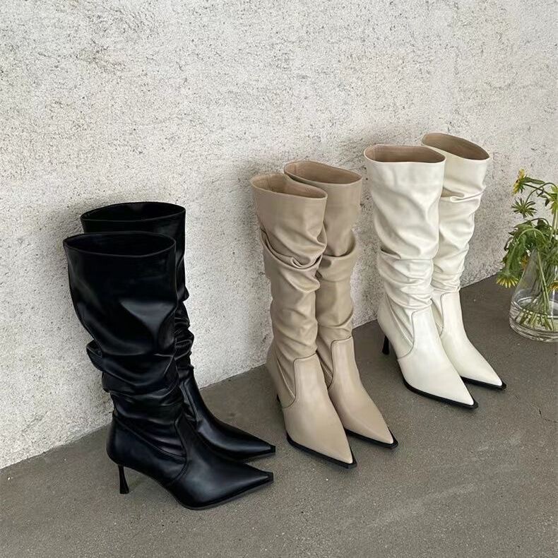 New High-Heeled Boots with Pointed Toe, Slender Heel, Leather Boots, Long Boots, 2025 European and American Fashion