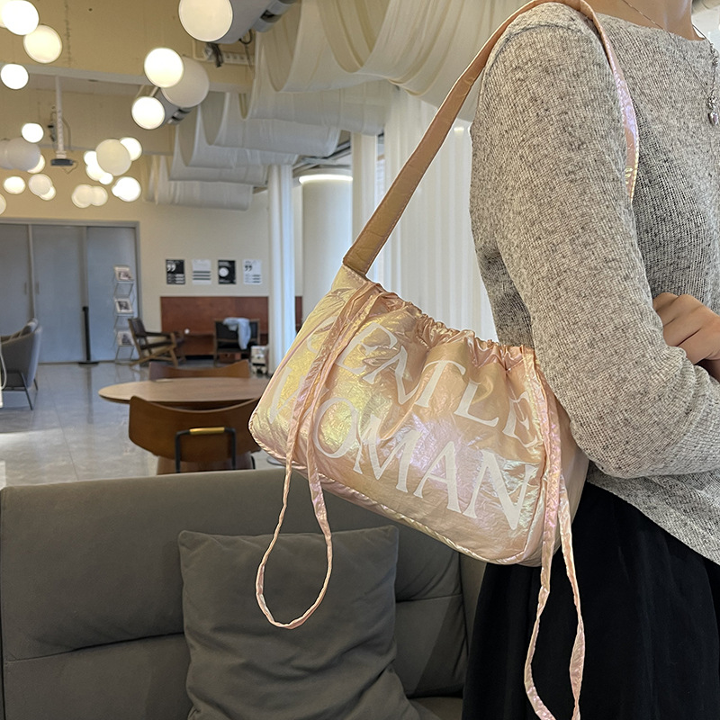Candy colored new letter printed drawstring shoulder niche design dumpling women's armpit bag_voghion.com