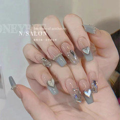 Mancera Nails, a trendy nail design with smoky blue French heart, detachable fake nail stickers, handmade nail pieces.