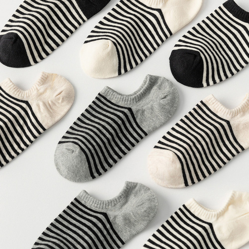 Women's Summer Bulk Cotton Striped Boat Socks, Summer Thin Ins Trendy Silicone Non-Slip Boat Socks Invisible Socks