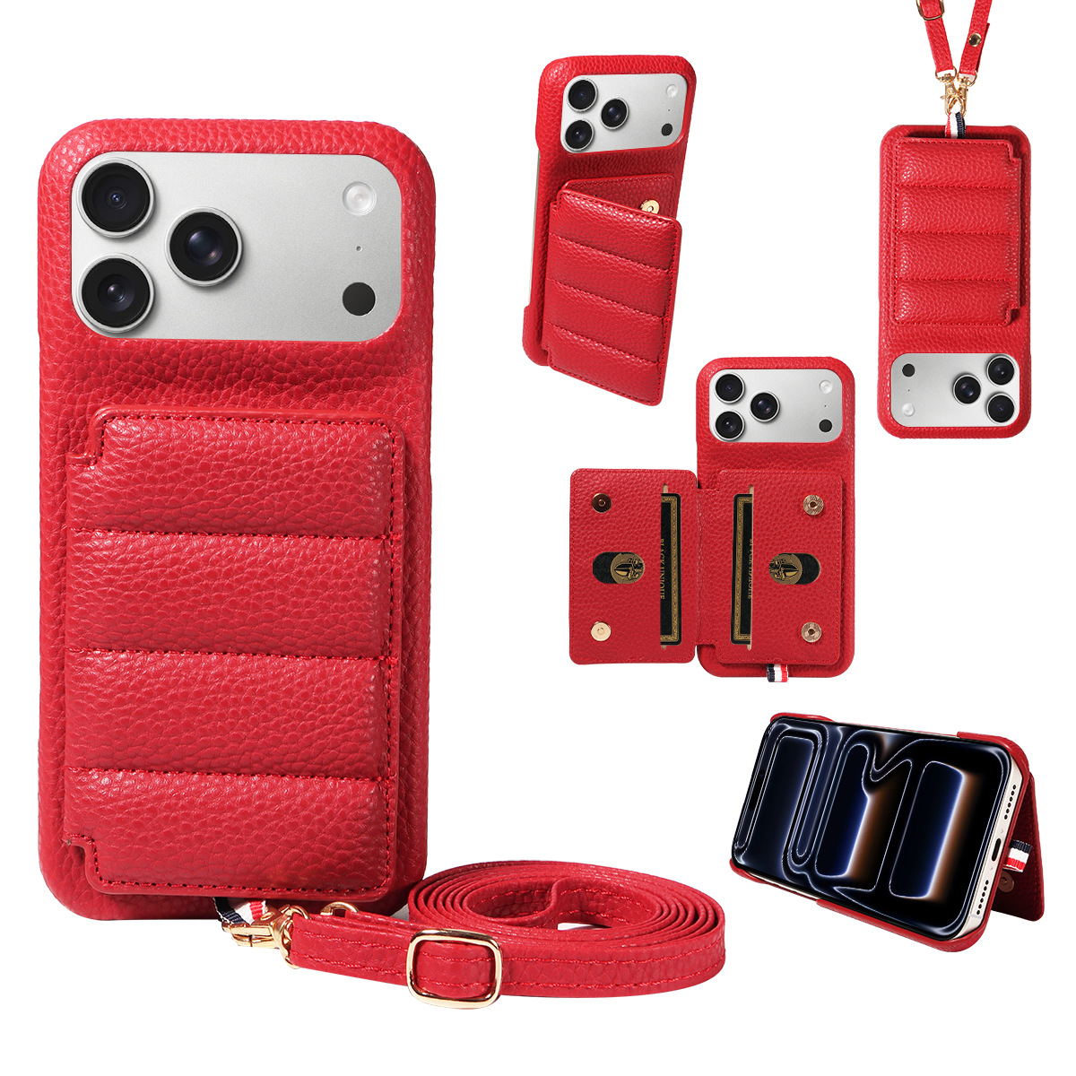 Suitable for Apple 15Pro Max All-Inclusive Anti-Fall Mobile Phone Leather Case Double Buckle Card Crossbody Sponge 14Pro Mobile Phone Case