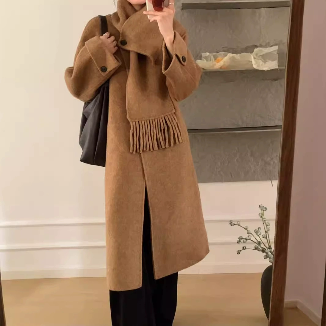 Корейский съемный шарф воротник 2024 новый двухсторонний шерстяной пальто женский колено досуг простой стиль шерстяной куртки