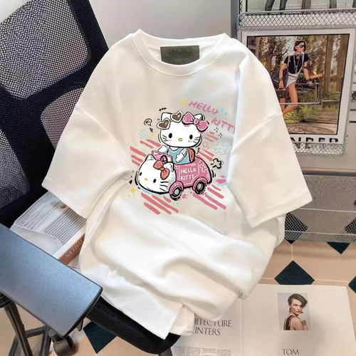 200g Cute Kitty Cat Print Cotton Short Sleeve T-Shirt for Women - Summer Korean Style Loose Unique and Distinctive Body