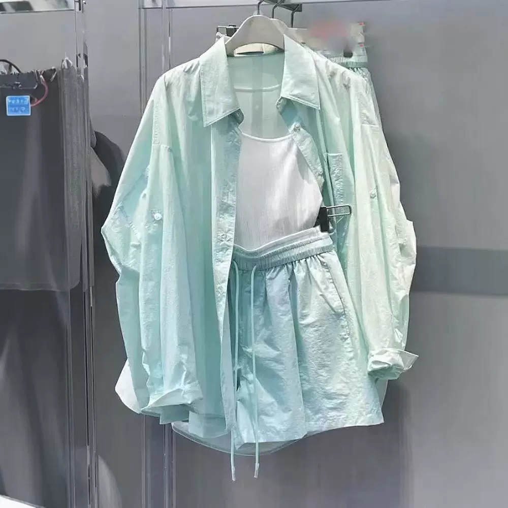 清纯系夏日穿搭绿色防晒衣衬衫短裤防晒服休闲运动套装女2025新款