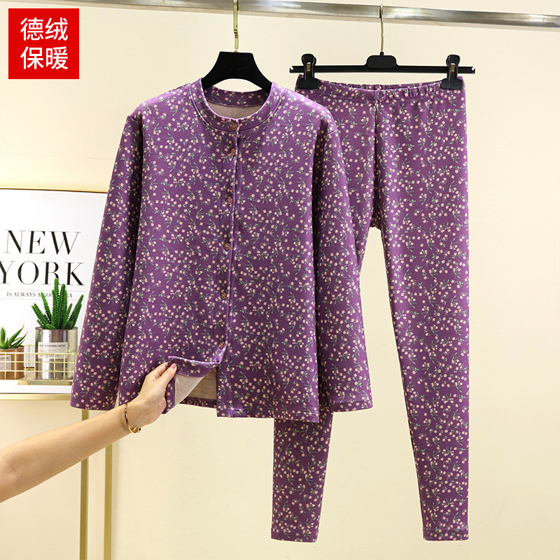 Velvet Warm Cardigan Trousers suit Women's Winter fleece-lined Round Neck Pajamas Casual plus size Middle-aged and Elderly Floral Two-piece Set Velvet Warm Cardigan Trousers suit Women's Winter fleece-lined Round Neck Pajamas Casual plus size Middle-aged and Elderly Floral Two-piece Set
