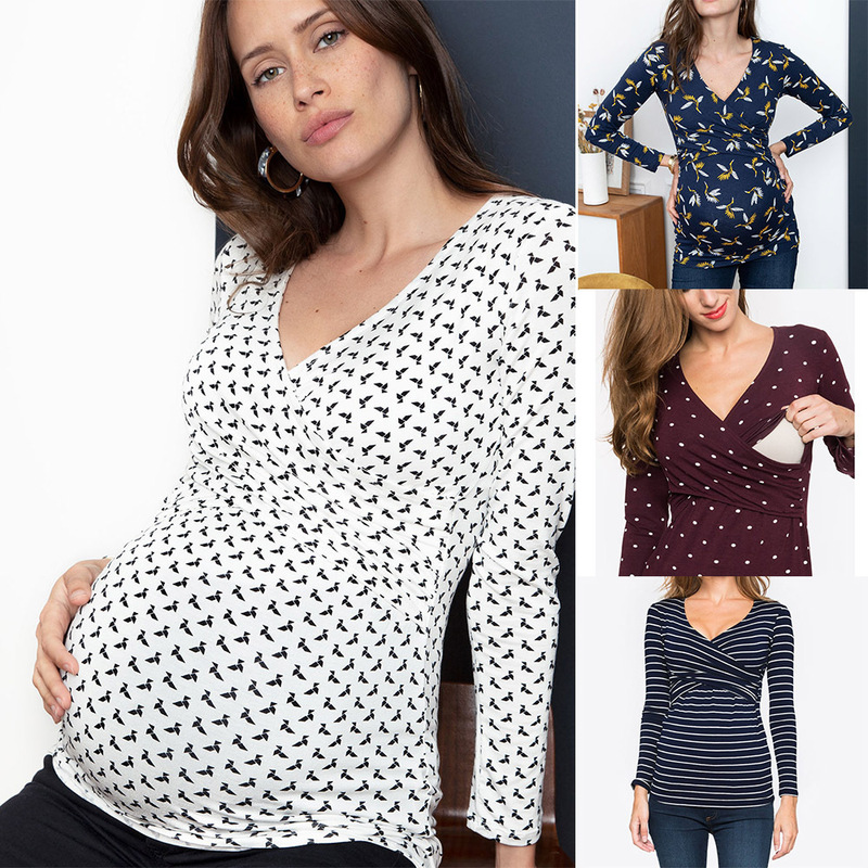 Amazon Independent Station Spring and Autumn Maternity Dress Deep V-Neck Long Sleeve Printed Cross Breastfeeding Care T-Shirt